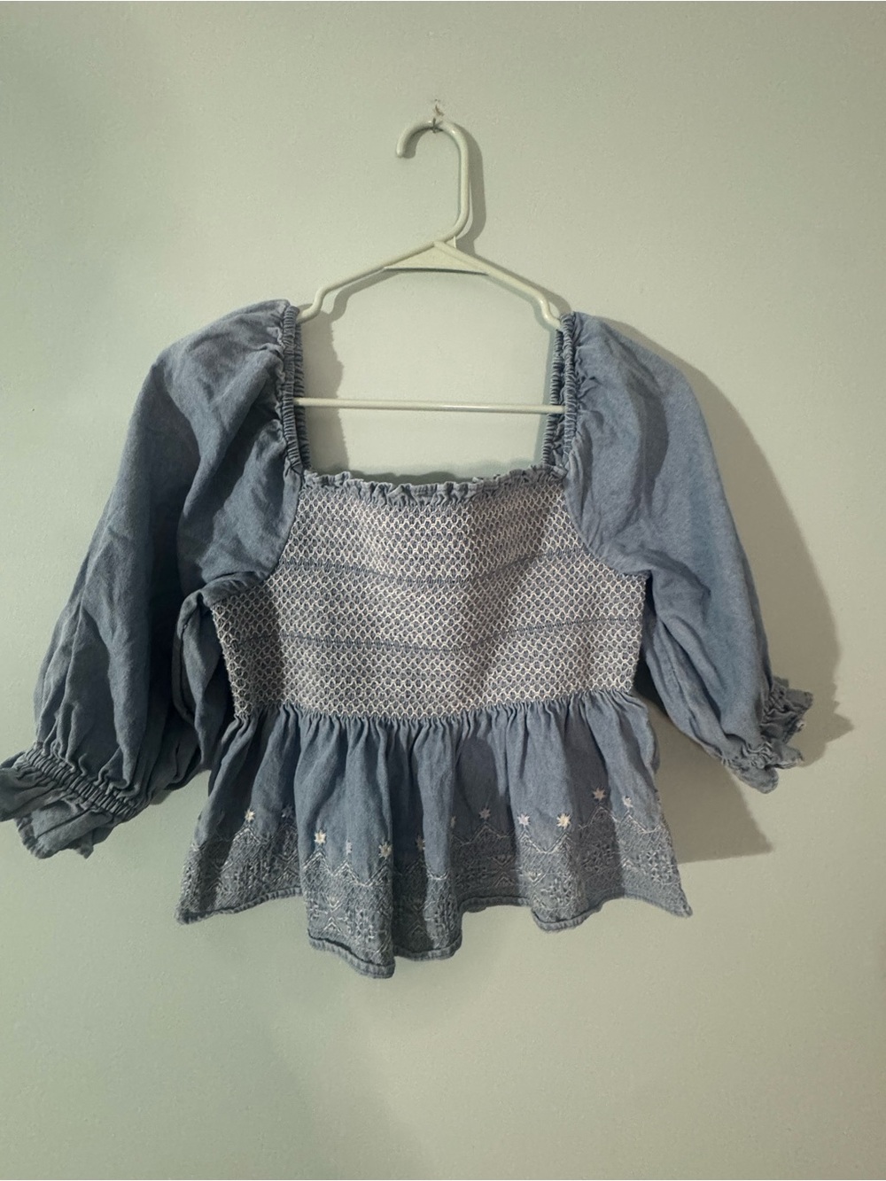 American Eagle Outfitters Light Blue Smocked Puff-Sleeve Blouse